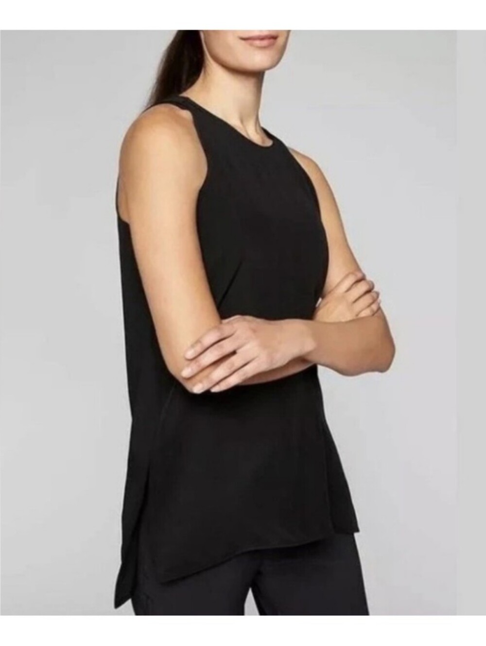 ATHLETA Black Medium CYA Tank Washable Silk Side Slits High-low Hem